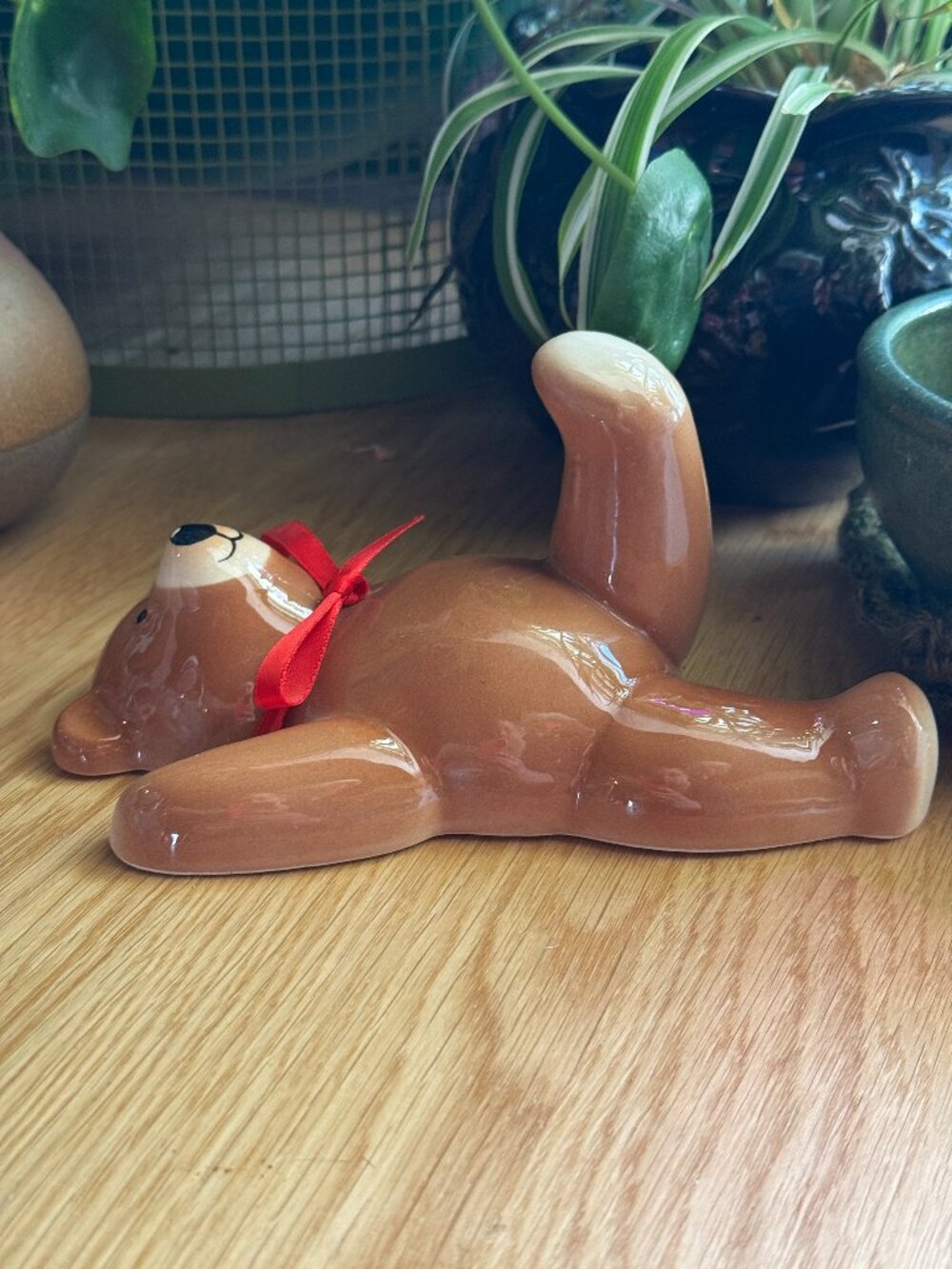 Ceramic Figural Teddy Bear with Bow, Vintage 1980s